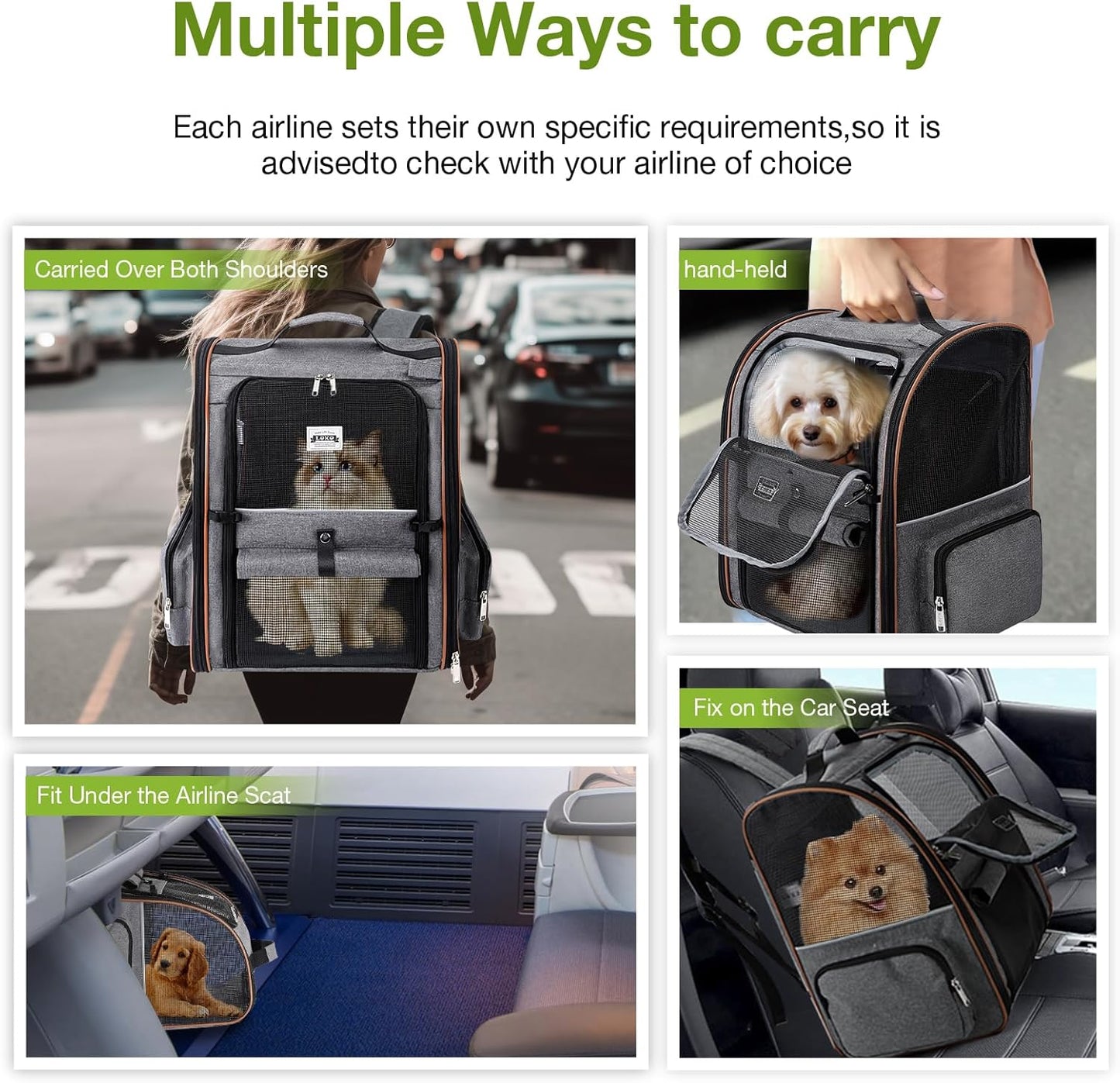 Large Cat Backpack Carrier Expandable Pet Carrier Backpack for Small Dogs Medium Cats Fit up to 18 Lbs, Dog Backpack Carrier, Foldable Puppy Backpack Carrier for Travel, Hiking,Grey