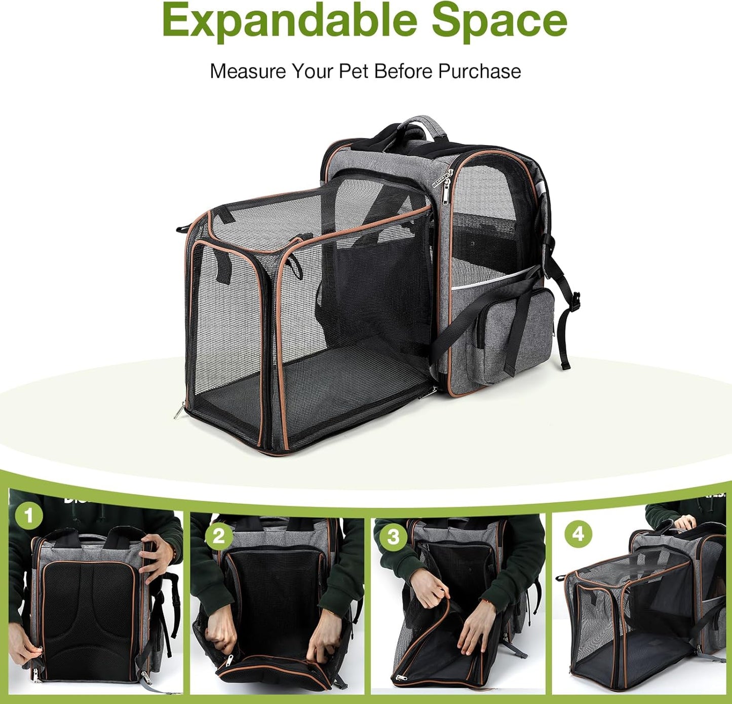 Large Cat Backpack Carrier Expandable Pet Carrier Backpack for Small Dogs Medium Cats Fit up to 18 Lbs, Dog Backpack Carrier, Foldable Puppy Backpack Carrier for Travel, Hiking,Grey
