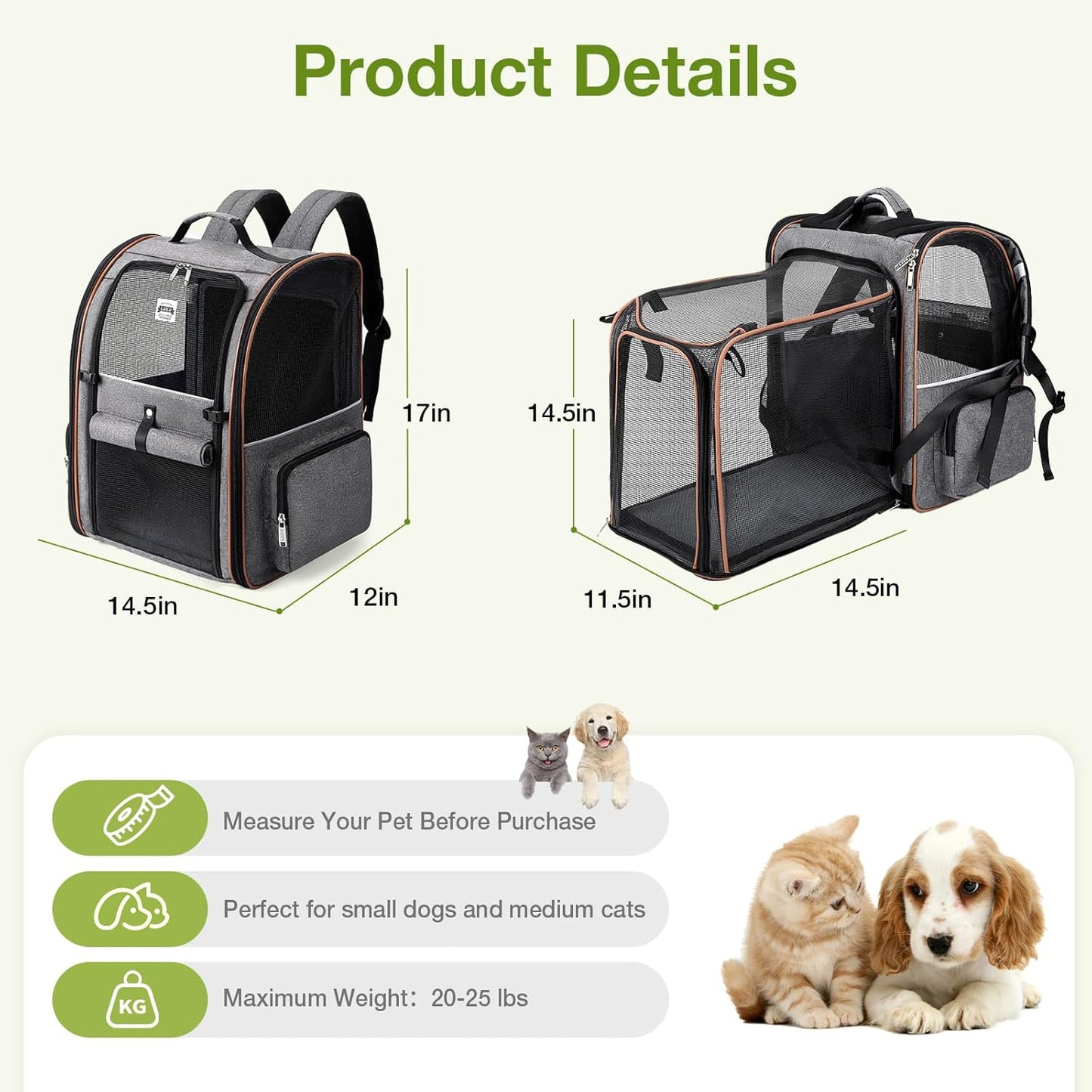 Large Cat Backpack Carrier Expandable Pet Carrier Backpack for Small Dogs Medium Cats Fit up to 18 Lbs, Dog Backpack Carrier, Foldable Puppy Backpack Carrier for Travel, Hiking,Grey