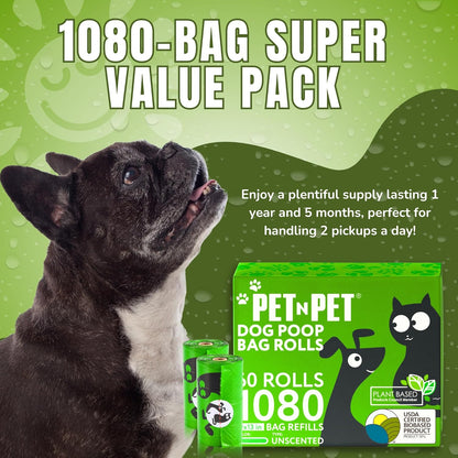 1080 Count Dog Poop Bags USDA Certified 38 Percent Biobased 60 Rolls of Strong & Thick Dog Waste Poo Bags 9X13 Green Unscented Poop Holder
