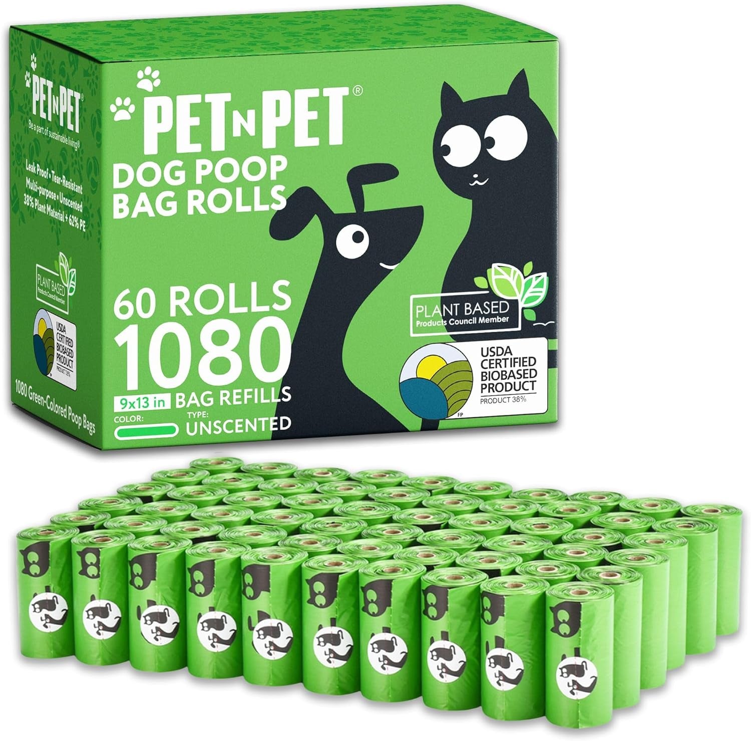 1080 Count Dog Poop Bags USDA Certified 38 Percent Biobased 60 Rolls of Strong & Thick Dog Waste Poo Bags 9X13 Green Unscented Poop Holder
