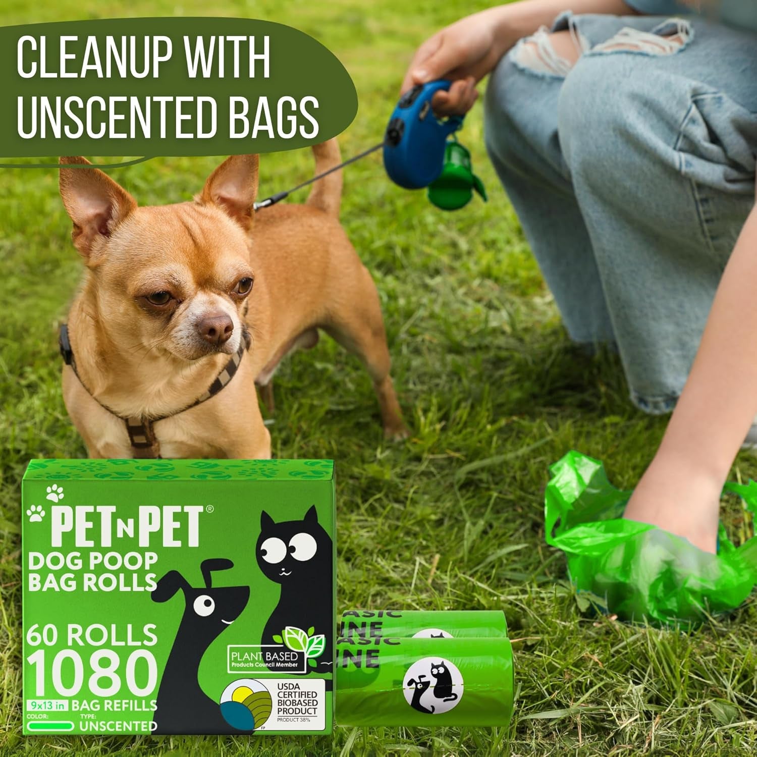 1080 Count Dog Poop Bags USDA Certified 38 Percent Biobased 60 Rolls of Strong & Thick Dog Waste Poo Bags 9X13 Green Unscented Poop Holder