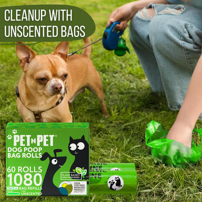 1080 Count Dog Poop Bags USDA Certified 38 Percent Biobased 60 Rolls of Strong & Thick Dog Waste Poo Bags 9X13 Green Unscented Poop Holder