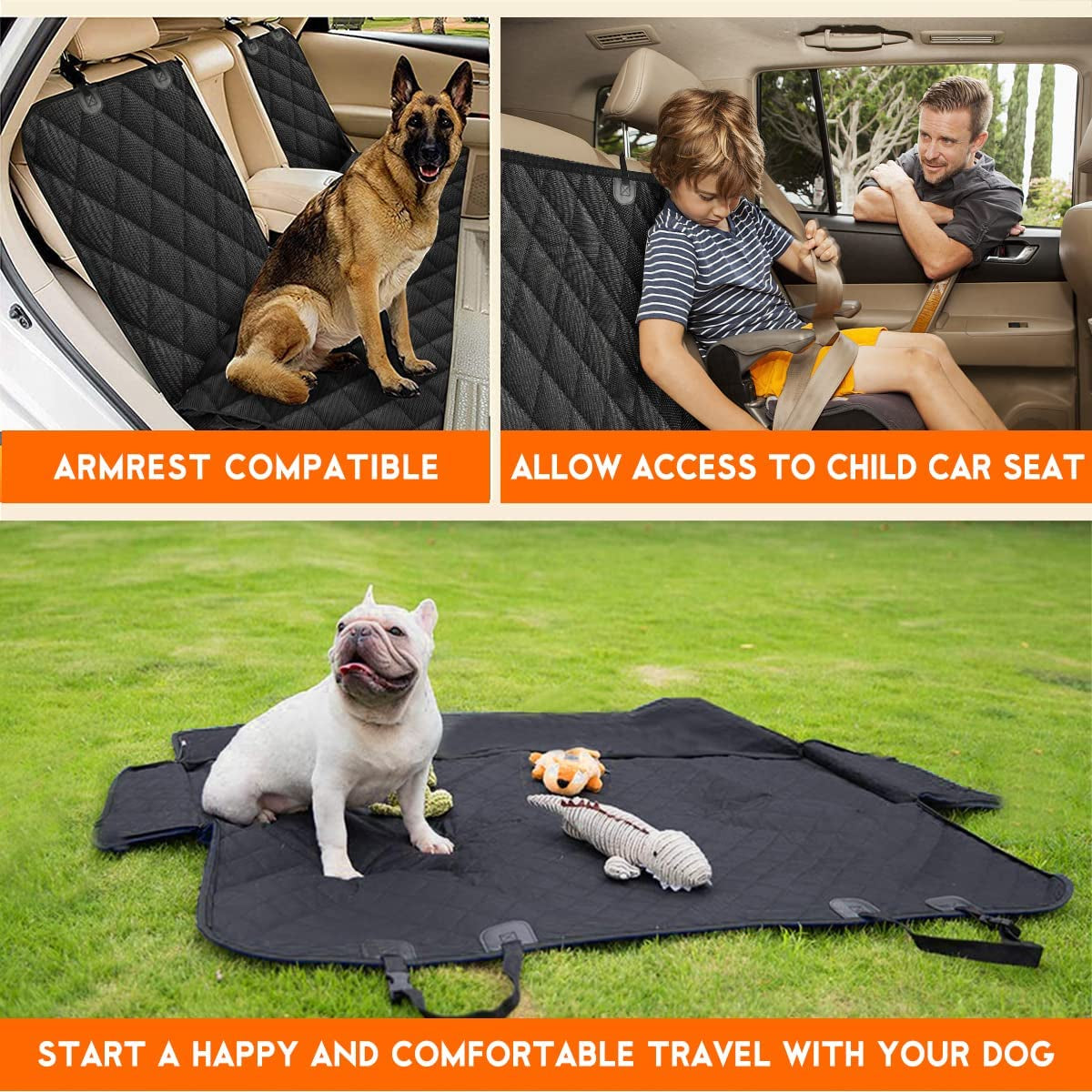 Upgraded Dog Car Seat Cover for Pets, 100% Waterproof Pet Dog Seat Cover Nonslip Bench Seat Covers Armrest Compatible for Back Seat Universal Size for Cars, Pickup Trucks, Suvs (2 Pet Seat Belts Gift)