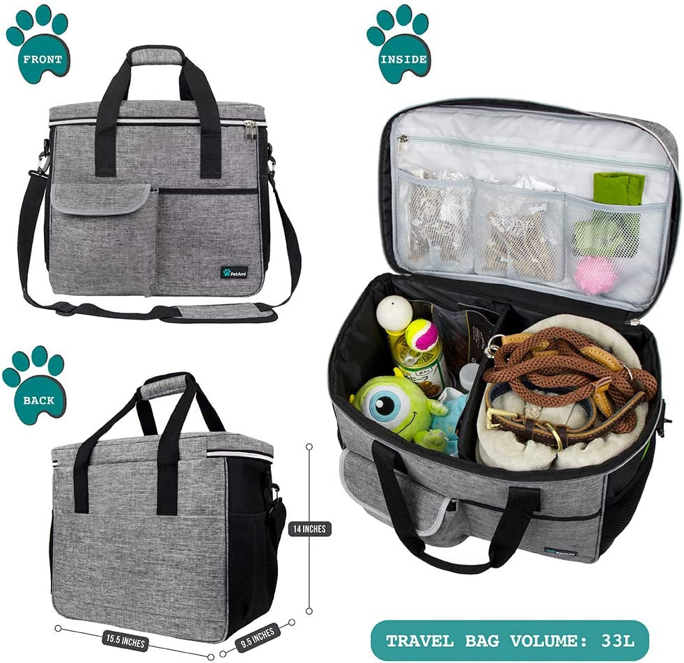 Dog Travel Bag | Airline Approved Tote Organizer with Multi-Function Pockets, Food Container Bag and Collapsible Bowl | Perfect Weekend Pet Travel Set for Dog, Cat (Grey, Large)