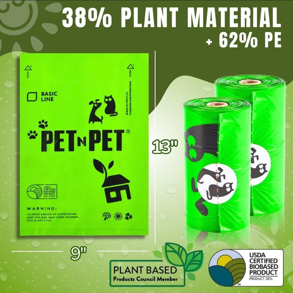 1080 Count Dog Poop Bags USDA Certified 38 Percent Biobased 60 Rolls of Strong & Thick Dog Waste Poo Bags 9X13 Green Unscented Poop Holder