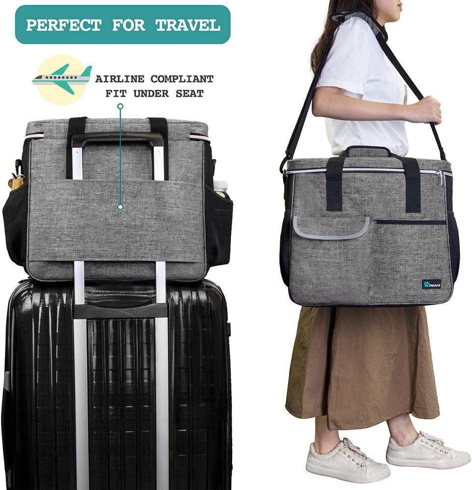 Dog Travel Bag | Airline Approved Tote Organizer with Multi-Function Pockets, Food Container Bag and Collapsible Bowl | Perfect Weekend Pet Travel Set for Dog, Cat (Grey, Large)